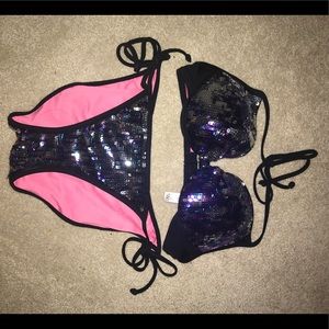 PINK black sequin push up top bikini 😍🔥