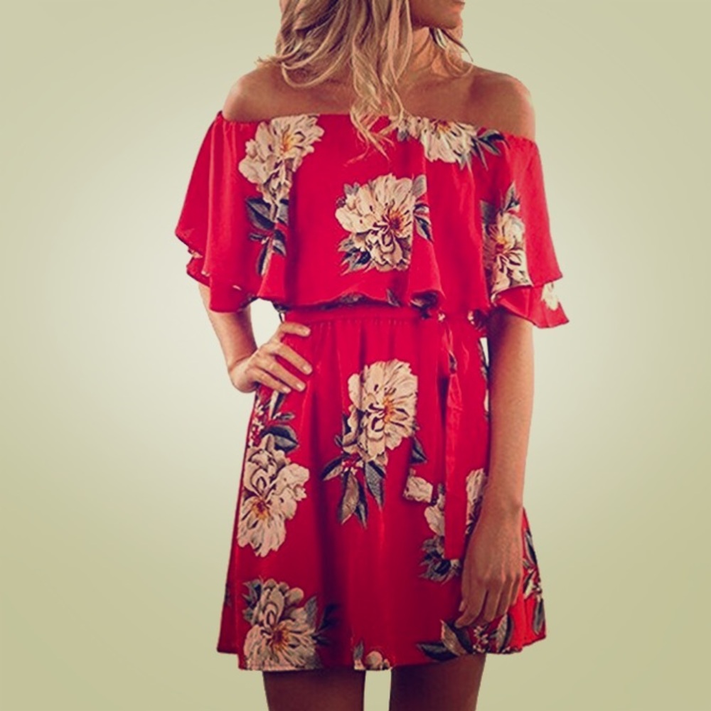 Red off shoulder dress