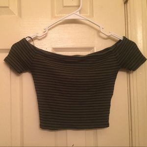 Olive Green & Black Off the Shoulder Crop Top