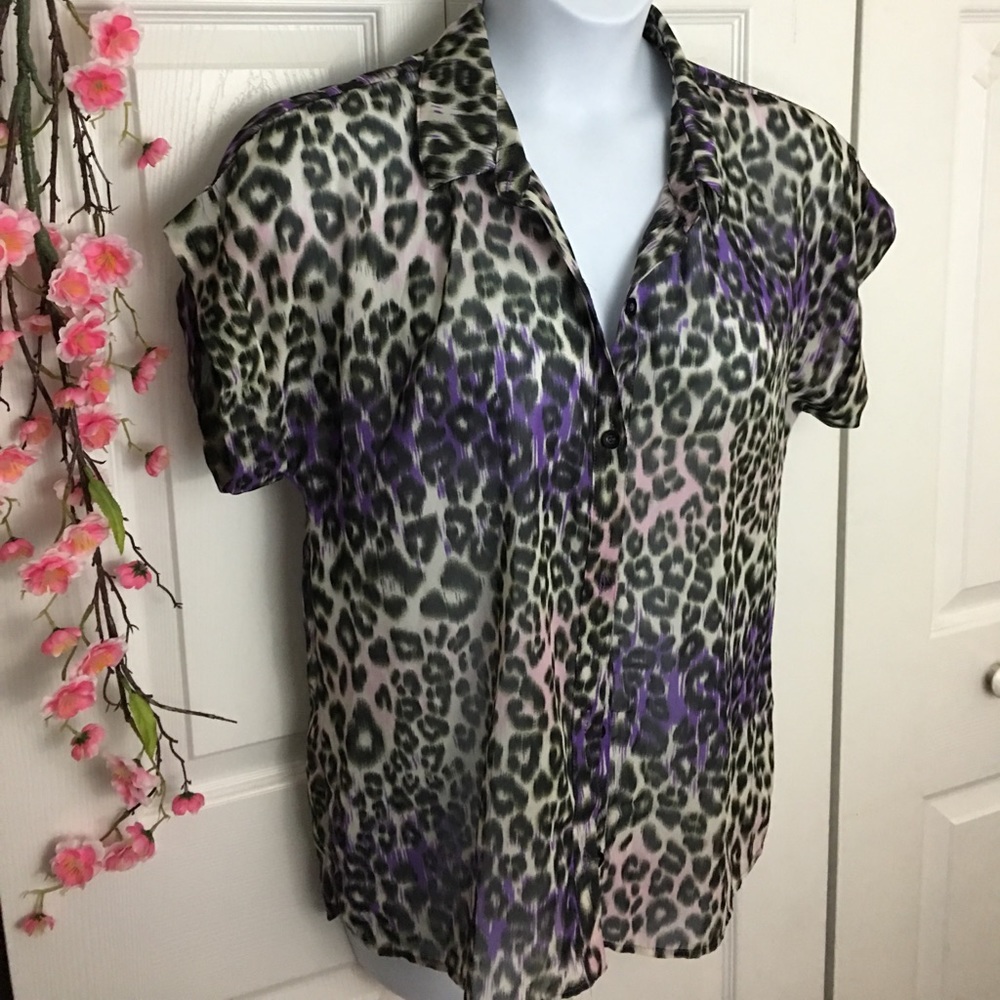 Fun purple and gray leopard print chiffon top xxl