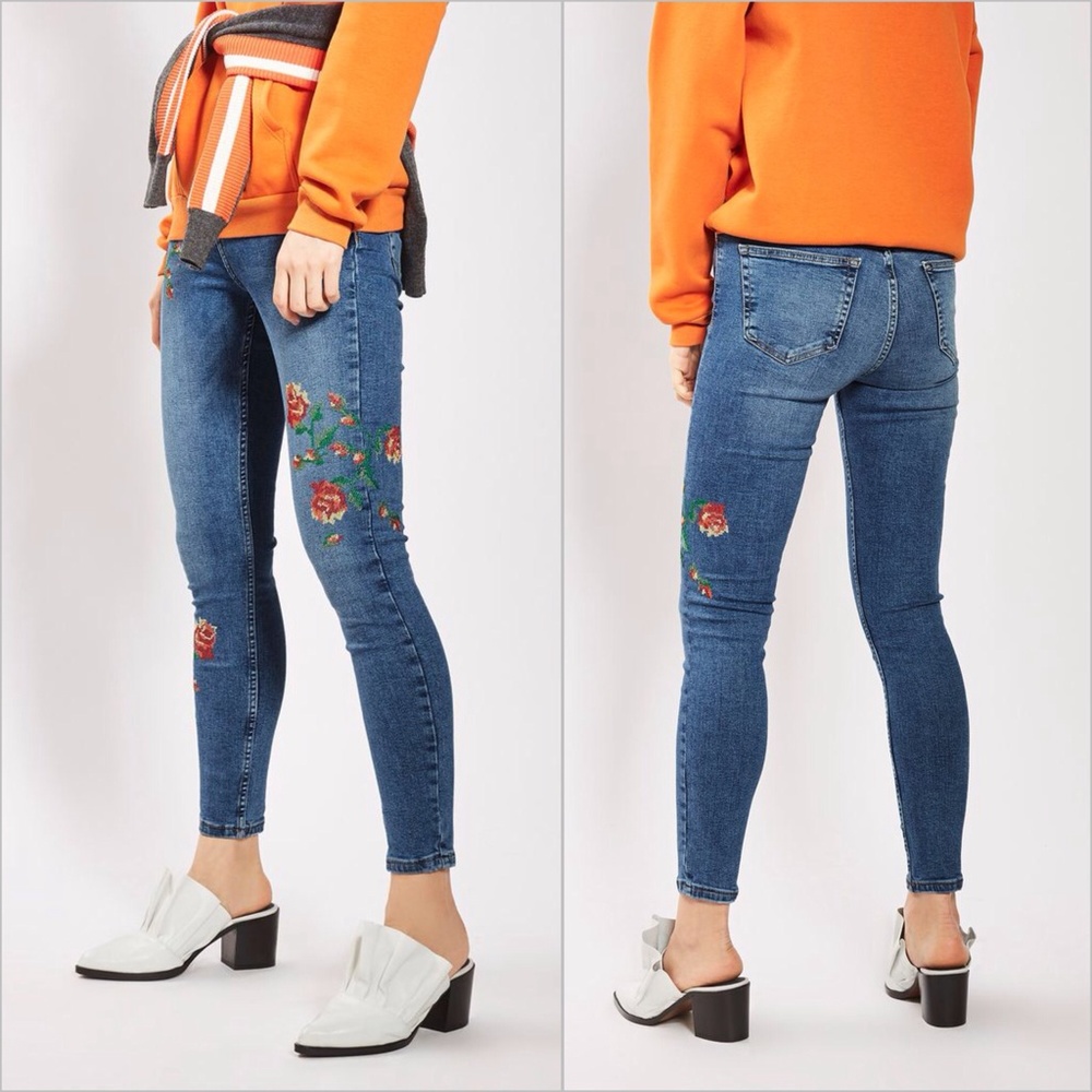 Topshop Floral Embroidered High Rise Jamie Jeans - Picture 4 of 10