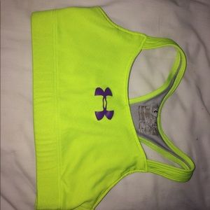 girl neon yellow and purple under armor sports bra