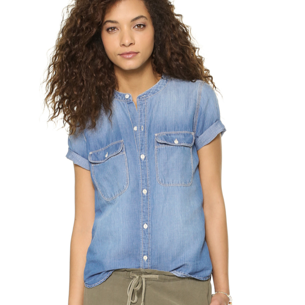 Madewell Collarless Chambray Button Up Shirt
