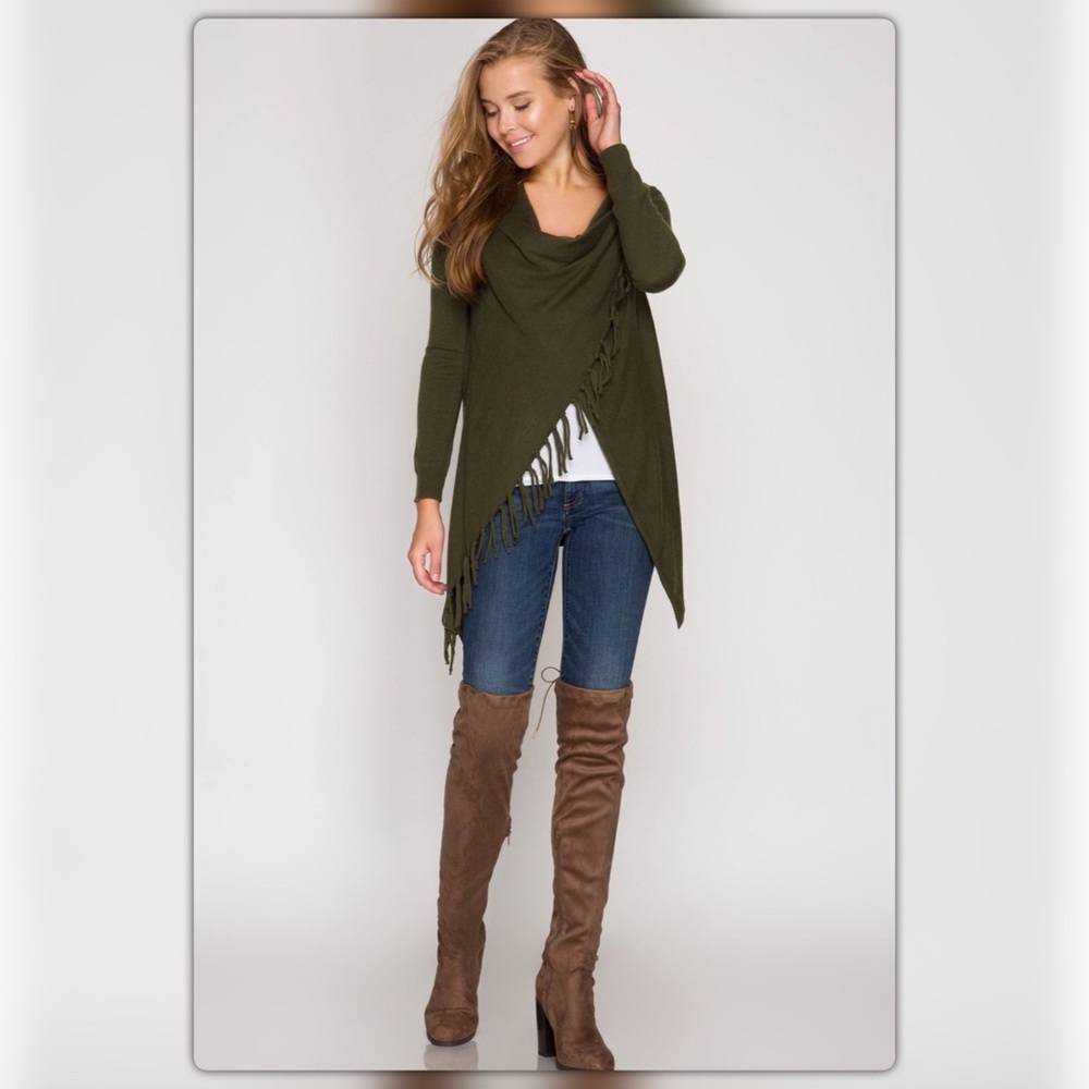 Olive Green Fringe Wrap Sweater - Picture 2 of 4