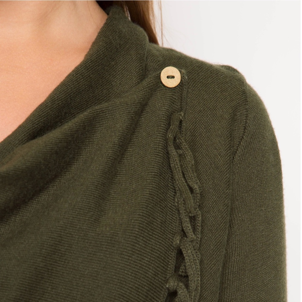 Olive Green Fringe Wrap Sweater - Picture 4 of 4