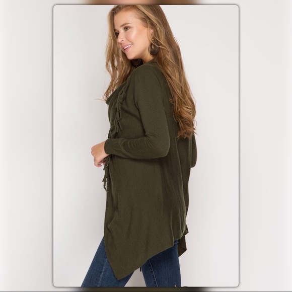 Olive Green Fringe Wrap Sweater - Picture 3 of 4