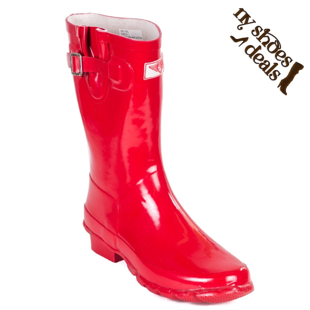 Women Mid Rise 11" Red Rubber Rain Boots RB-1502 - Picture 1 of 4