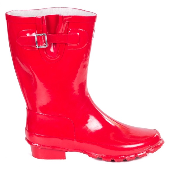 Women Mid Rise 11" Red Rubber Rain Boots RB-1502 - Picture 2 of 4