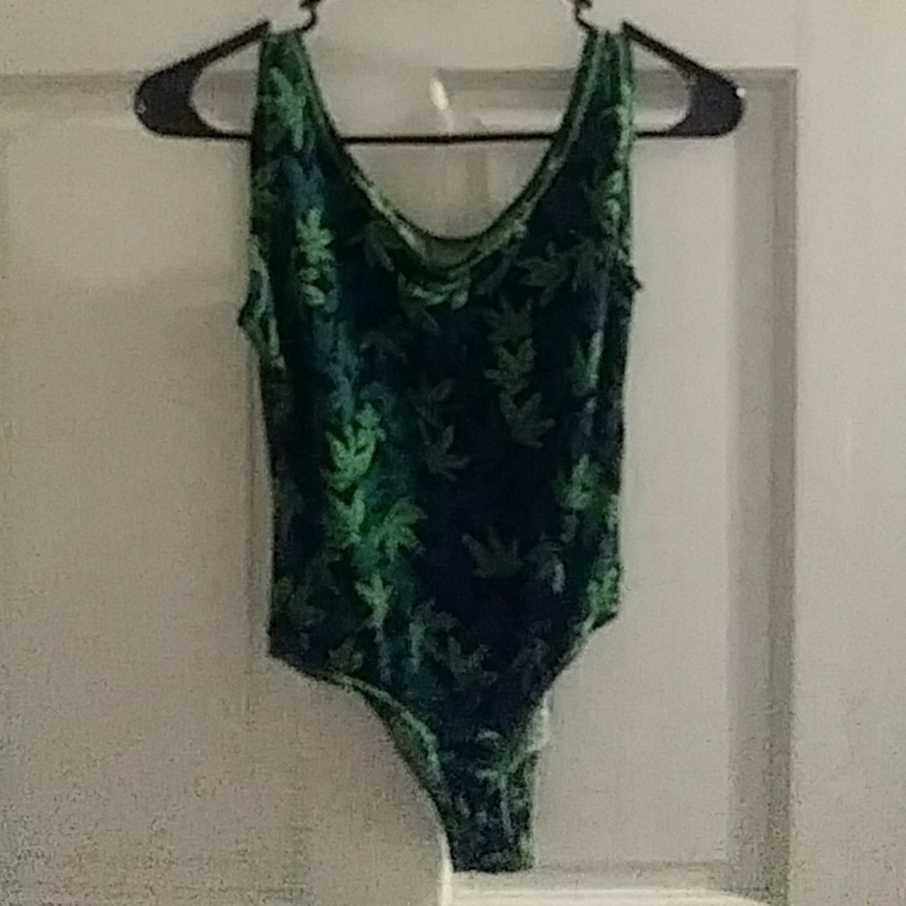 Green swimsuit/ bodysuit with ganja leaves