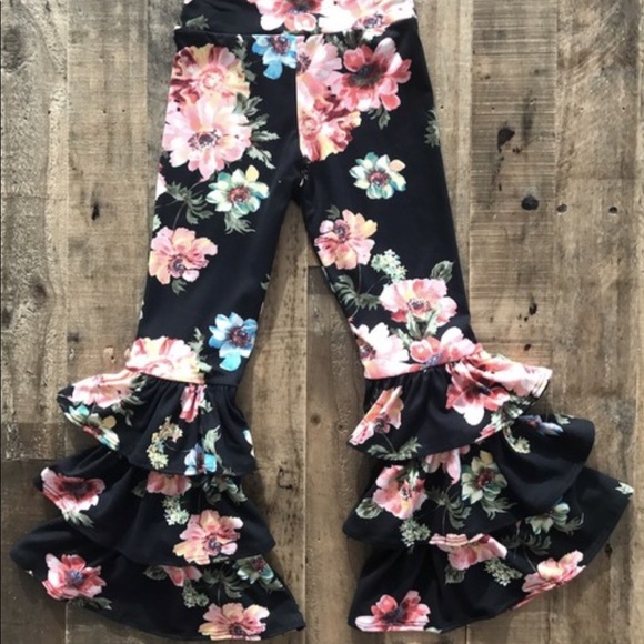 Other - Black floral ruffle bell bottoms pants