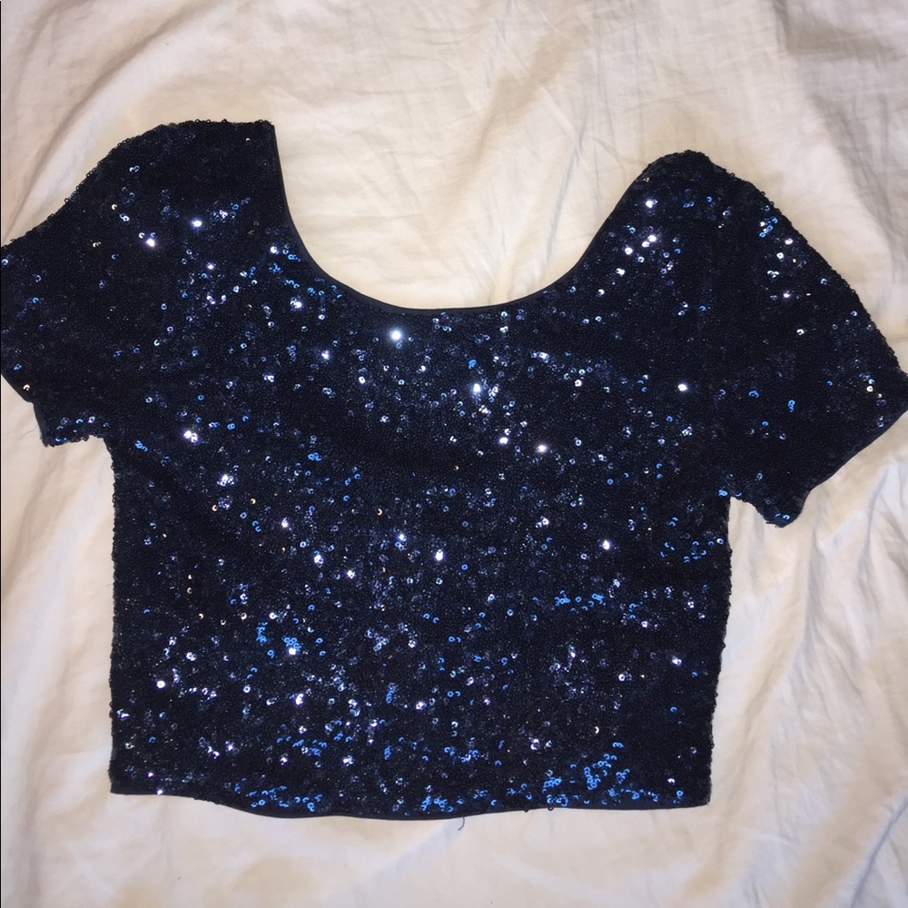 Low back blue sequin crop top