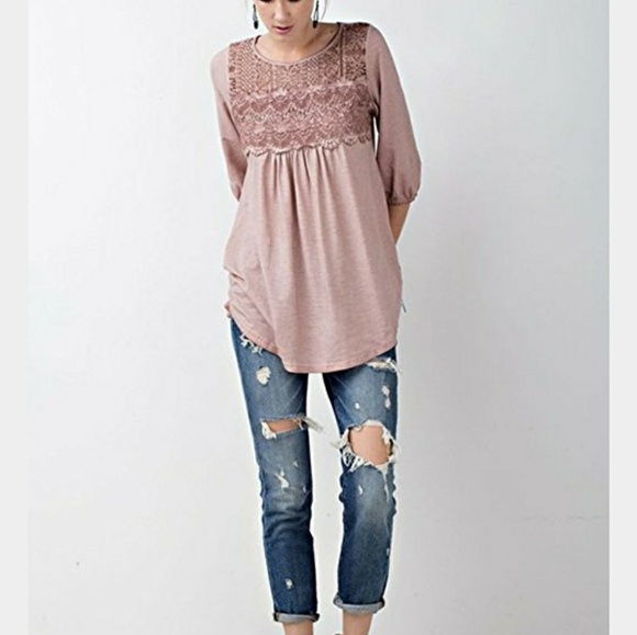 Tops - Mauve knit tunic with lace bodice
