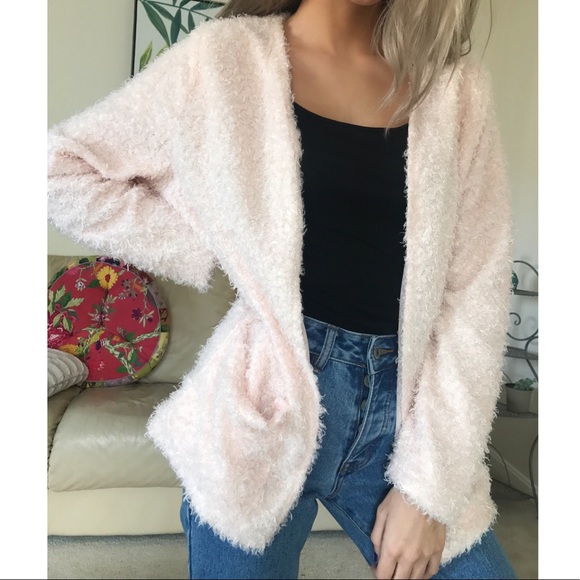 fuzzy pink cardigan sweater