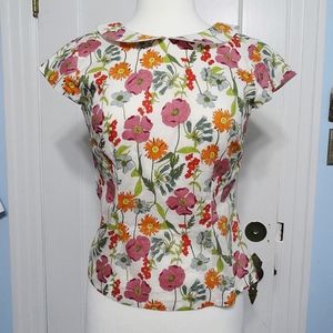 Floral blouse with short sleeves, purple & orange