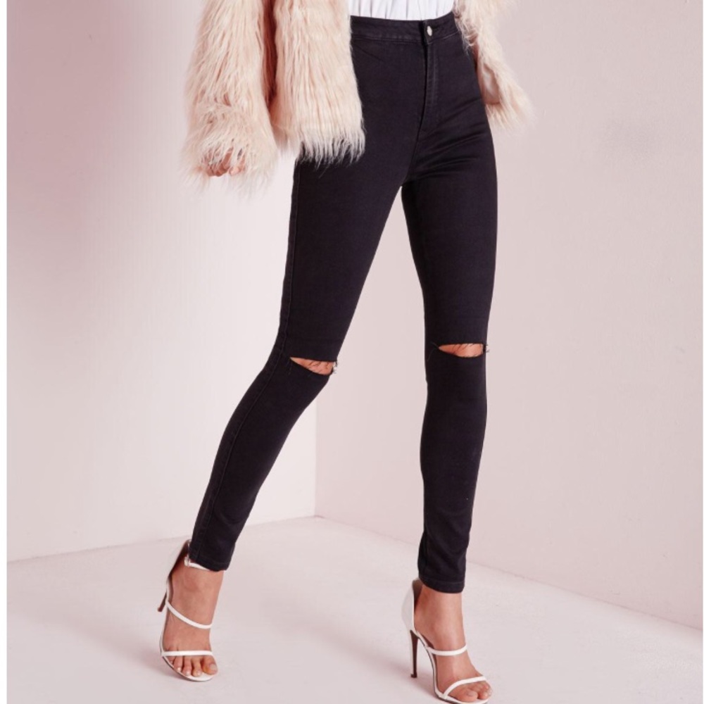 🌚 black vice high waisted slash knee skinny jeans