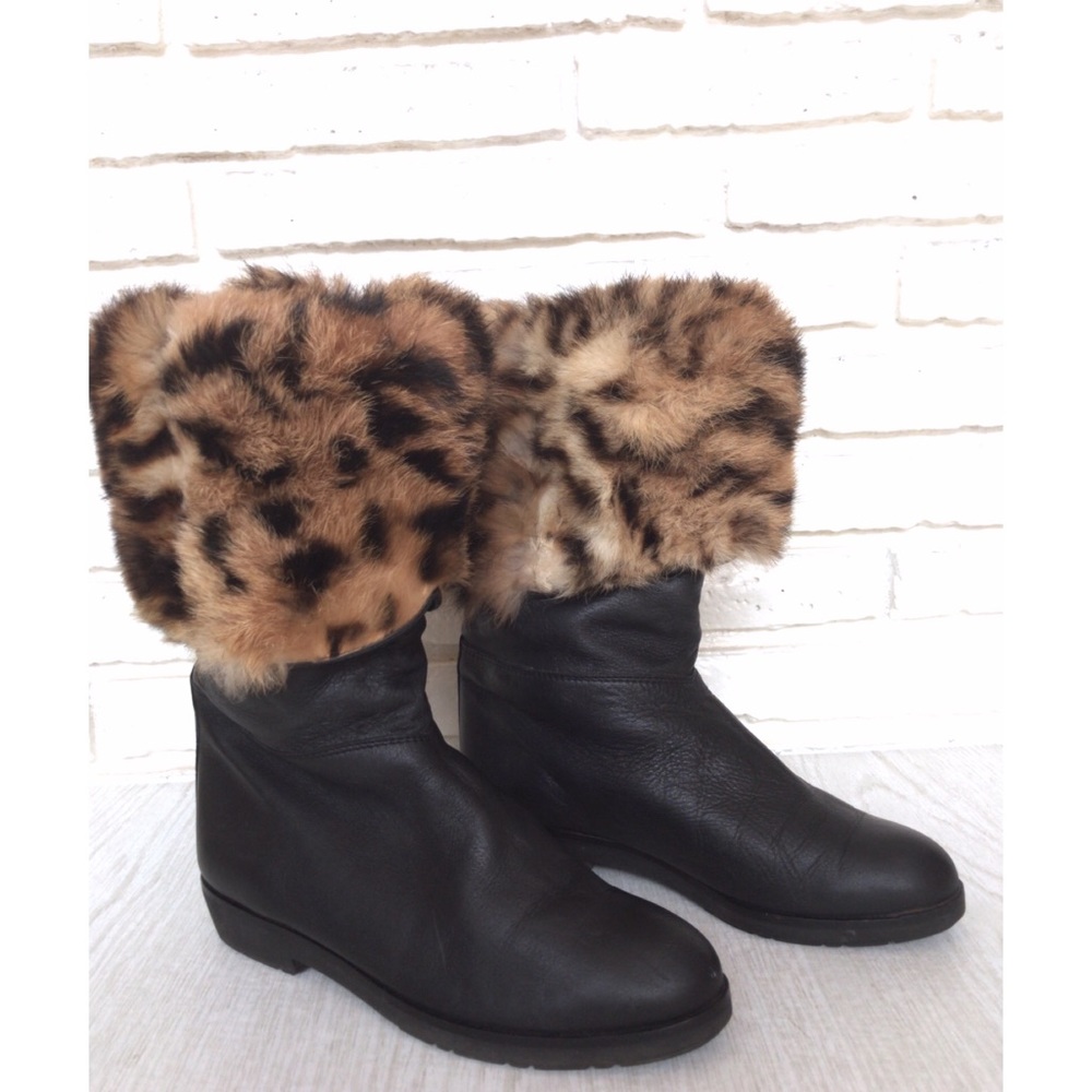 Vintage Leopard Fur Black Fold Over Winter Boots 8