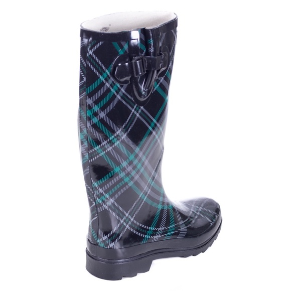 Women's Rubber Rain Boots, Black Plaid - Picture 2 of 3