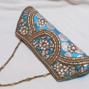 Beaded Formal Evening Clutch Light Blue and Gold