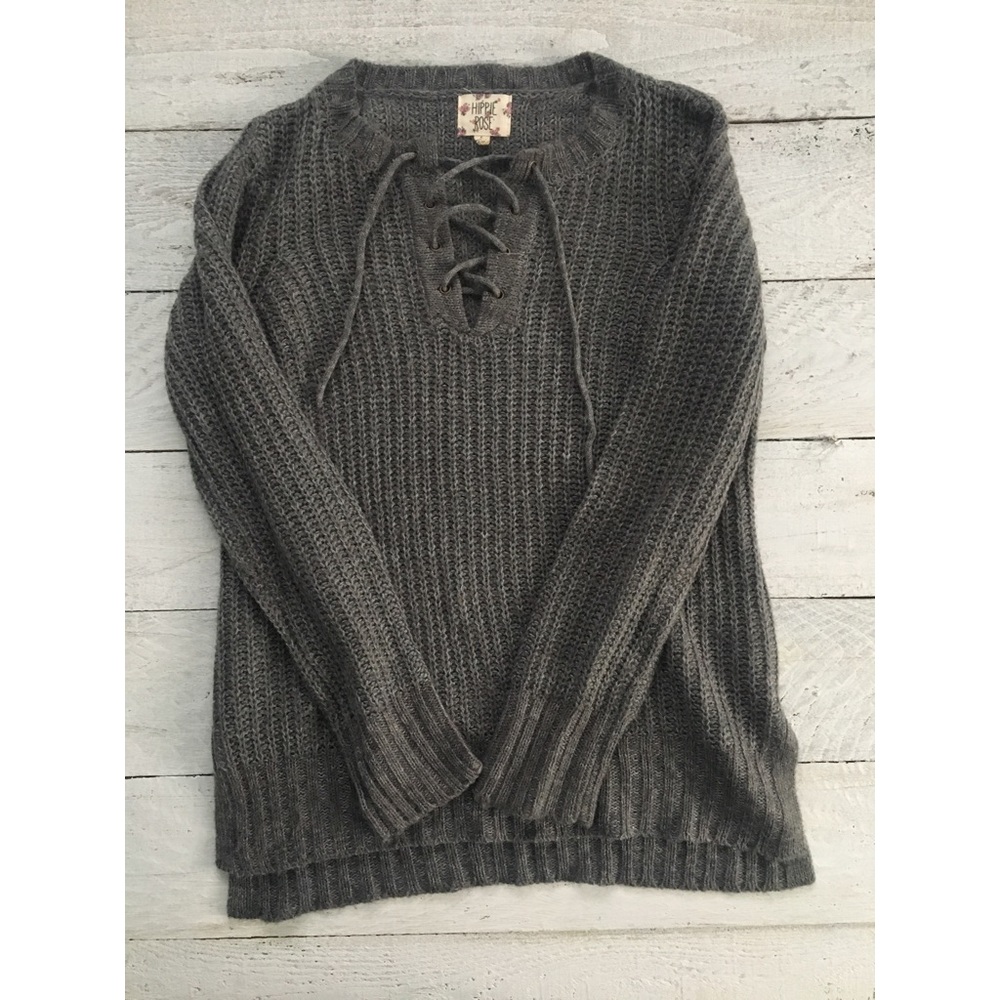 grey lace up detail sweater