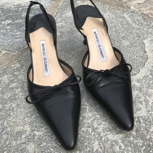 Manolo Blahnik Black Leather Low Heel Slingbacks
