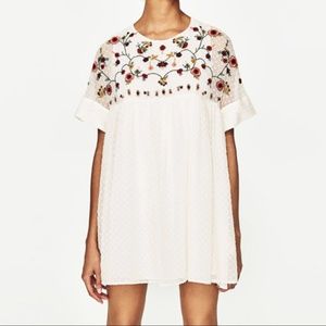 Zara Textured White Embroidered Floral Dress