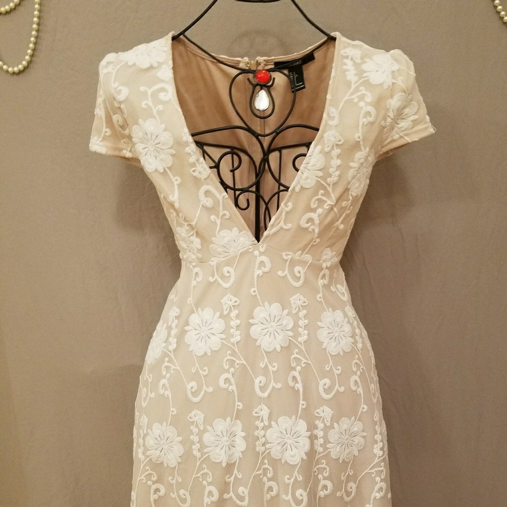 F21 Nude Skater Dress with White Flowers