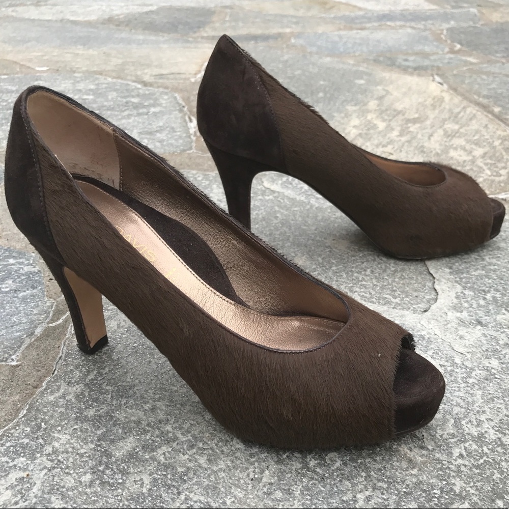 Dana Davis Peep-Toe Pony Skin Brown Leather Pumps