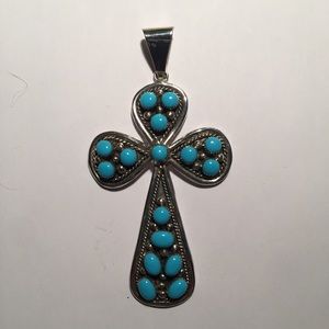 Large sterling silver cross & turquoise cabochons