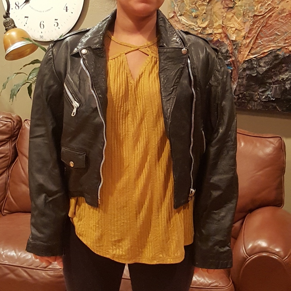 Black authentic leather vintage biker moto jacket