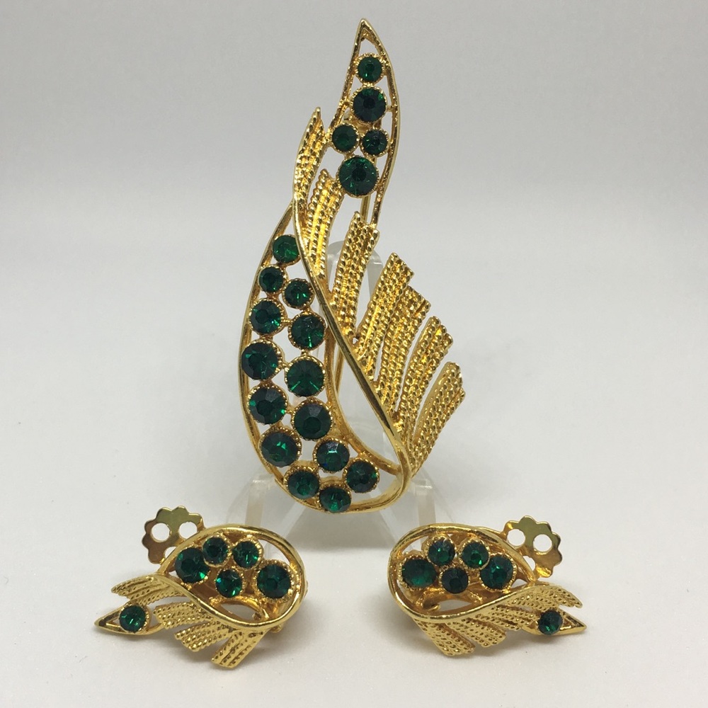 Vintage Coro Green Rhinestone Brooch & Earring Set