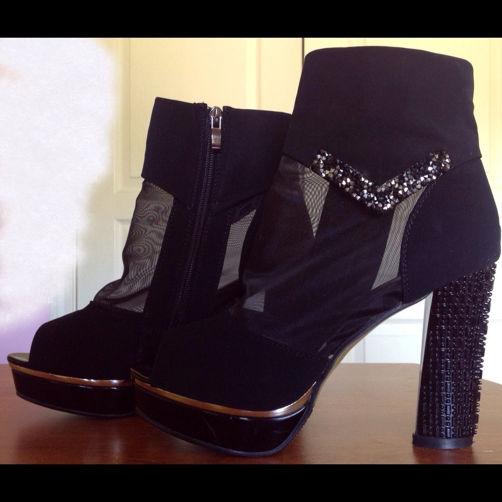 Black Mesh Peep-Toe Booties