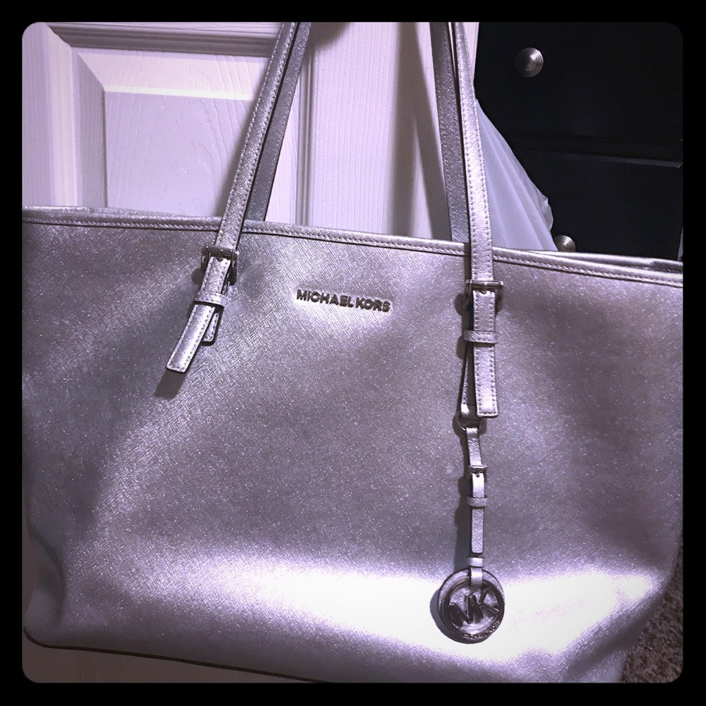 Metallic Silver Michael Kors Laptop Bag Tote