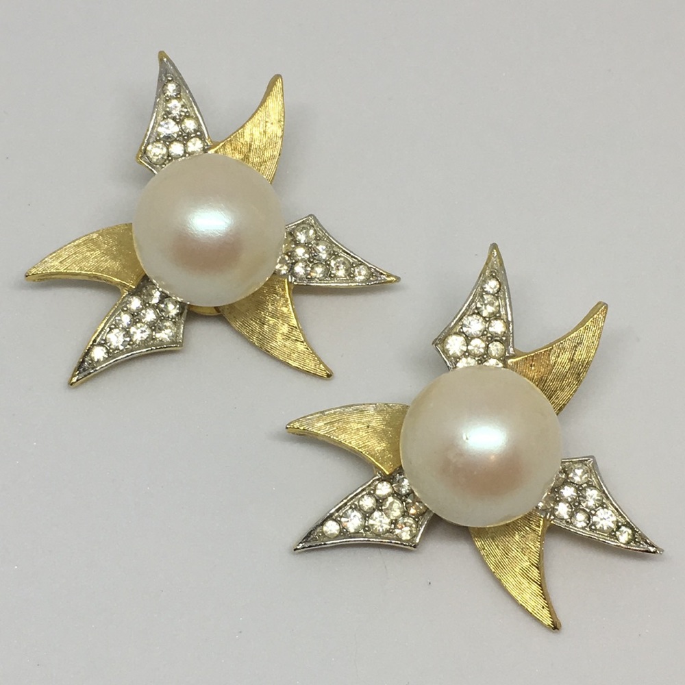 Vintage KJL Funky Star Pearl Rhinestone Earrings