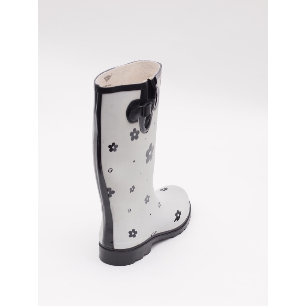 Women's Rubber Rain Boots, Black Flower Garden Rainboots, New - Picture 2 of 3