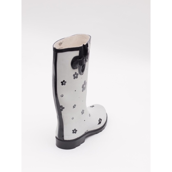 Womens Rubber Rain Boots, Black Flower Rainboots - Picture 2 of 3