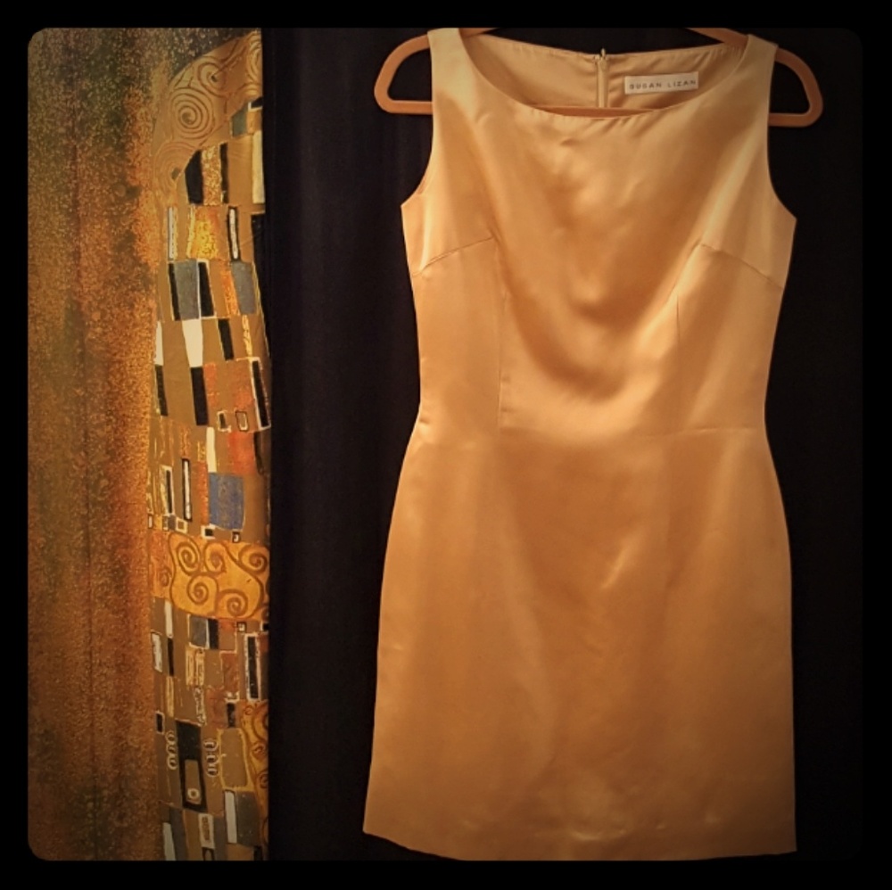 SUSAN LIZAN Dress, Sleeveless, Gold, Satin, Small