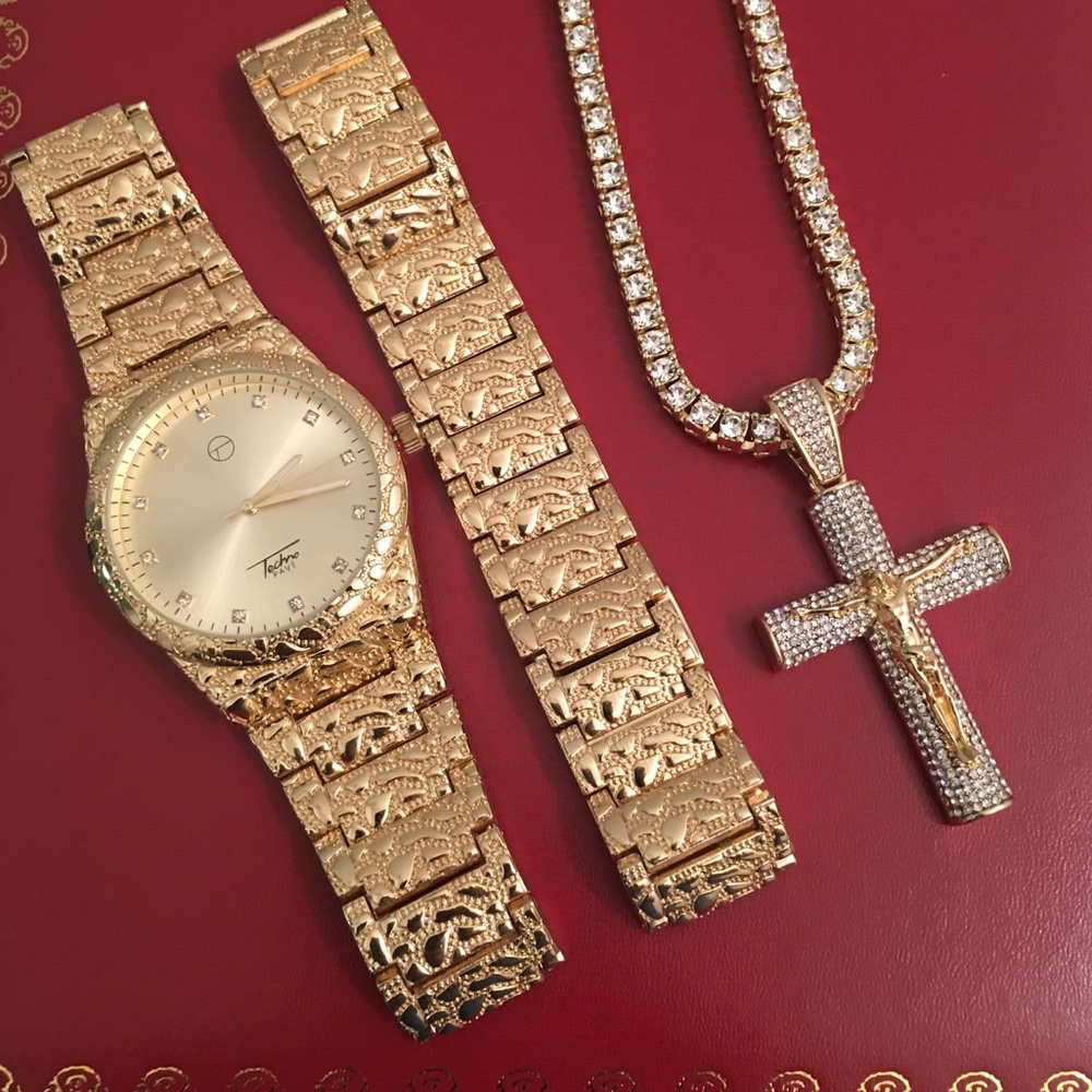 Men'sGold Tone Watch&Braclet&OneRow Chain Necklace