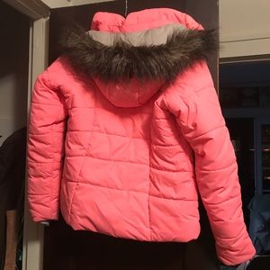 Highlighter coral down skin jacket w/ fur hood