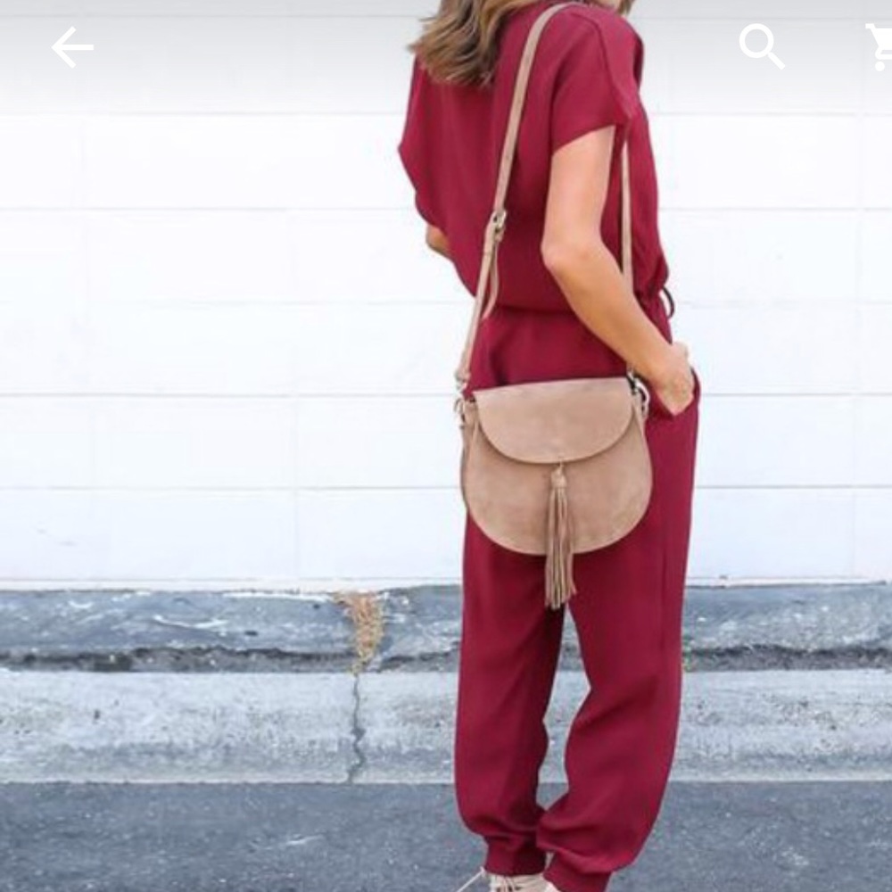 💼⬇️Red Chiffon roll sleeve drawstring  jumpsuit - Picture 2 of 6