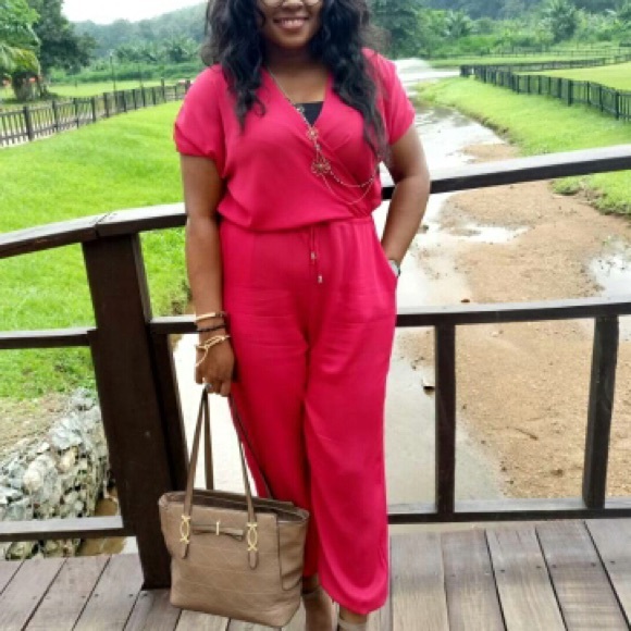 💼⬇️Red Chiffon roll sleeve drawstring  jumpsuit - Picture 3 of 6