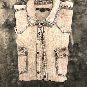 21 MEN long sleeve distressed denim gray shirt