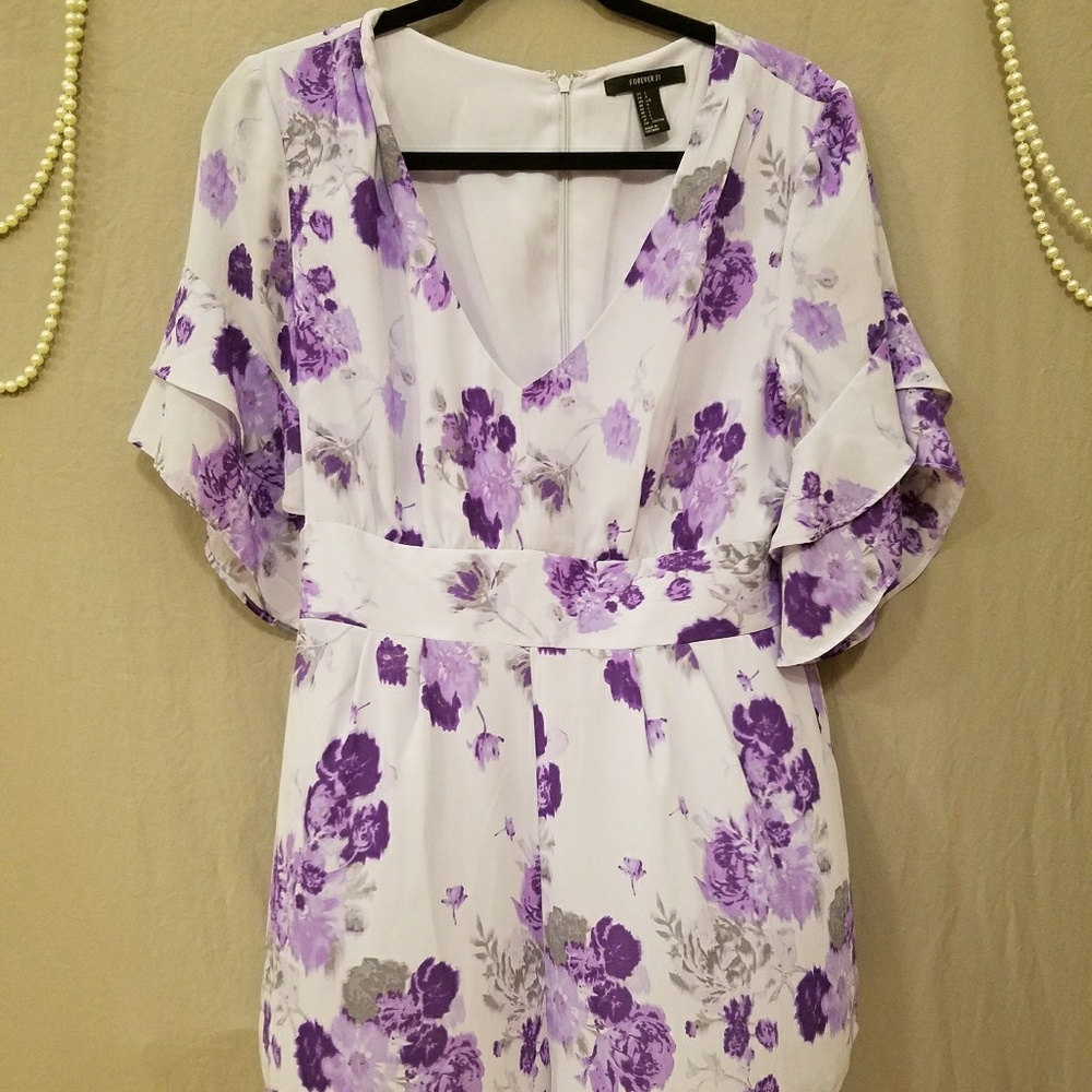 F21 Purple Flowers on Lavender Flowy Romper