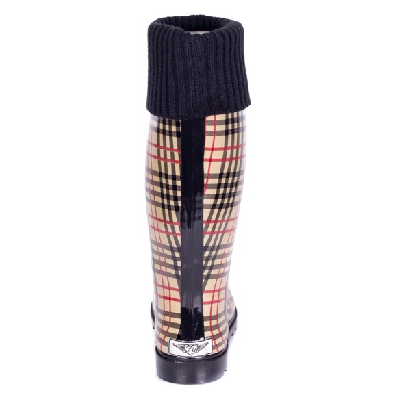 Women's Plaid Rubber Rain Boots with Cuff - Picture 2 of 3