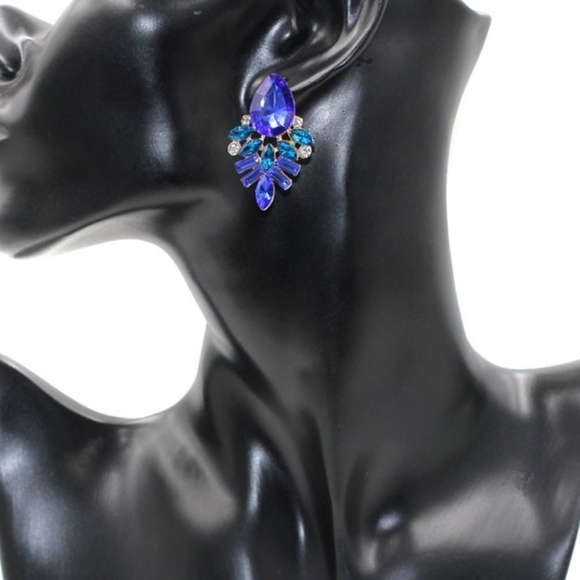Blue Crystal Dangle Statement Earrings - Picture 3 of 6