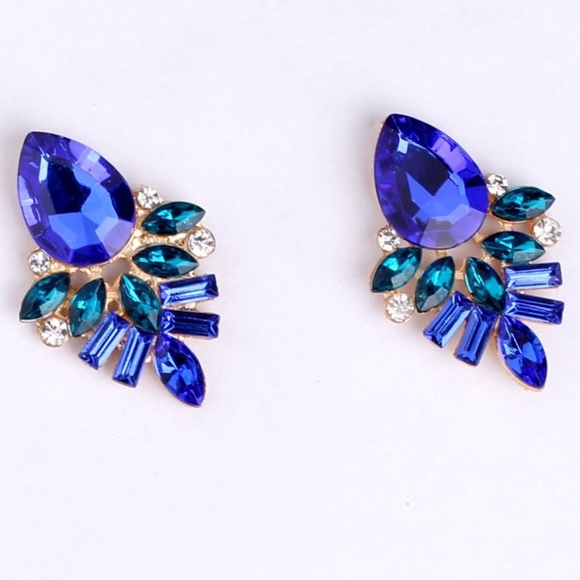 Blue Crystal Dangle Statement Earrings - Picture 2 of 6