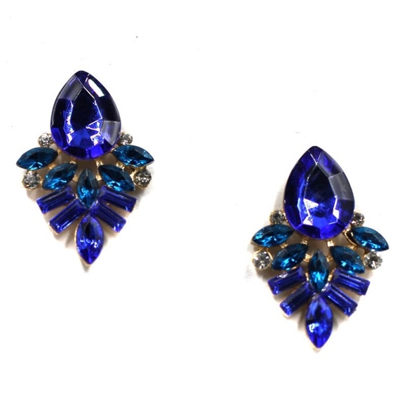 Blue Crystal Dangle Statement Earrings - Picture 4 of 6