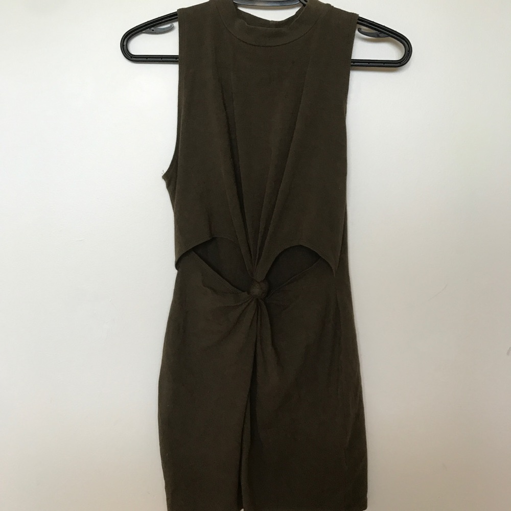 Audrey 3+1 Knotted Front High Neck Dress in Olive