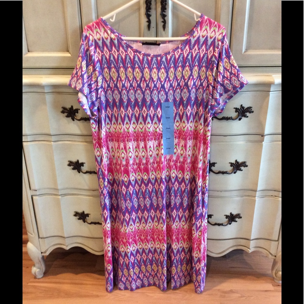 Pink aztec dress shift womens large stretch beach
