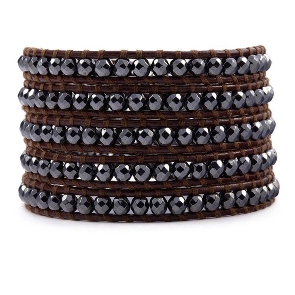 Chan Luu brown leather and hematite wrap bracelet