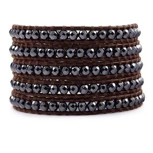Chan Luu brown leather and hematite wrap bracelet